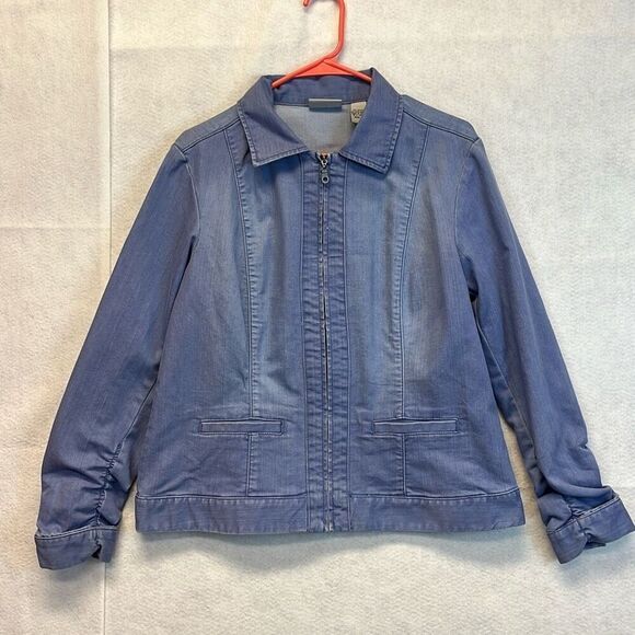CHICO'S Platinum Jacket Women's Size 2 (Large) Blue Denim Full Zip Ruched Sleeve - Picture 2 of 16